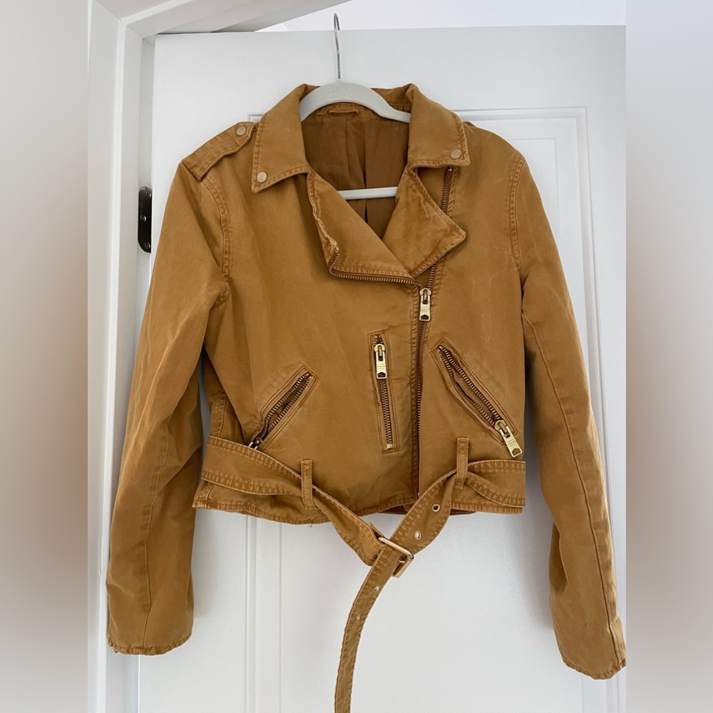 Allsaints moto denim jacket, Size 6 US, in brown.